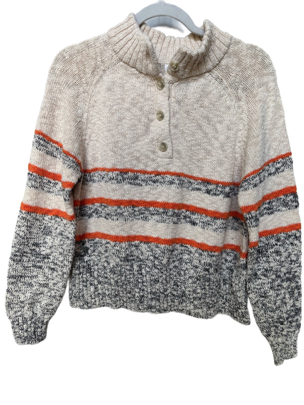 Garnet Hill Organic Cotton Slub Knit Sweater Marled and Orange Stripes Small